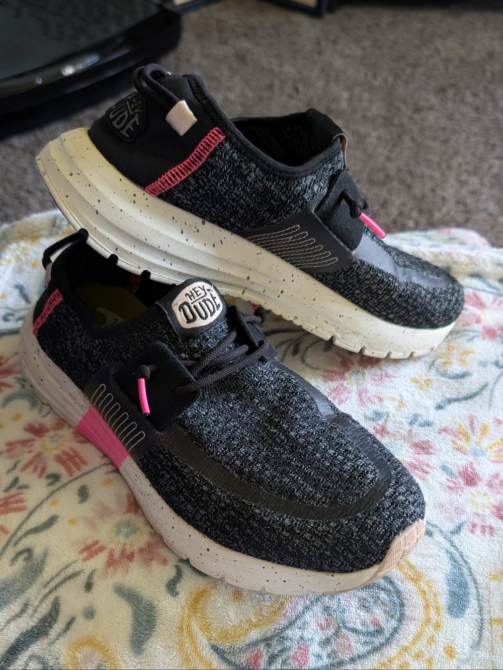 Hey Dude Black Sneakers with Pink and Yellow Accents